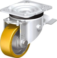 Blickle - 3" Diam x 1-11/64" Wide x 4-21/64" OAH Top Plate Mount Swivel Caster with Brake - Polyurethane-Elastomer Blickle Extrathane, 396 Lb Capacity, Ball Bearing, 3-15/16 x 3-3/8" Plate - Eagle Tool & Supply