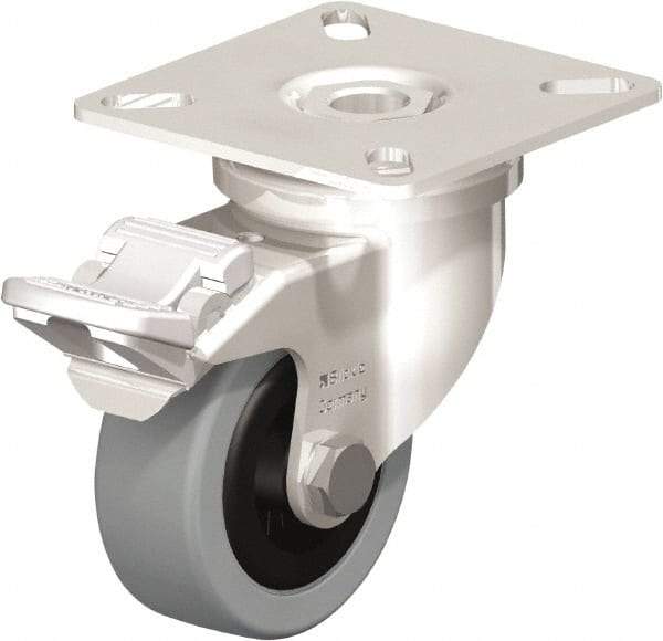 Blickle - 2" Diam x 45/64" Wide x 2-51/64" OAH Top Plate Mount Swivel Caster with Brake - Solid Rubber, 88 Lb Capacity, Plain Bore Bearing, 2-3/8 x 2-3/8" Plate - Eagle Tool & Supply