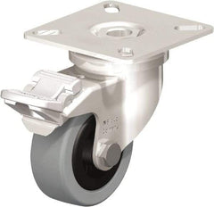 Blickle - 2" Diam x 45/64" Wide x 2-51/64" OAH Top Plate Mount Swivel Caster with Brake - Solid Rubber, 88 Lb Capacity, Plain Bore Bearing, 2-3/8 x 2-3/8" Plate - Eagle Tool & Supply