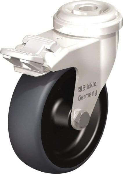 Blickle - 3" Diam x 63/64" Wide x 3-27/32" OAH Hollow Kingpin Mount Swivel Caster with Brake - Thermoplastic Rubber Elastomer (TPE), 165 Lb Capacity, Plain Bore Bearing, Hollow Kingpin Stem - Eagle Tool & Supply