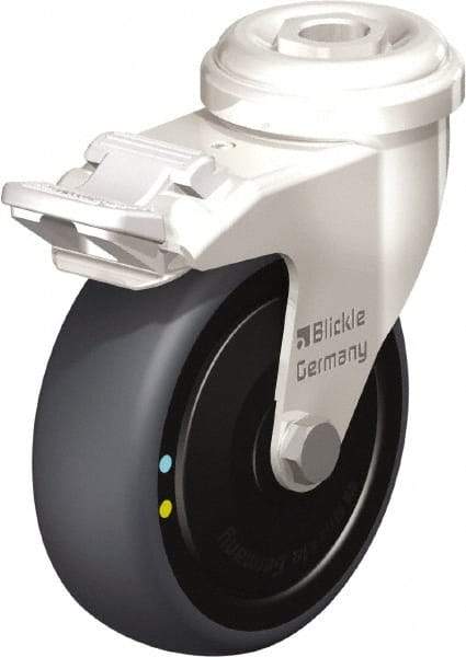 Blickle - 3" Diam x 63/64" Wide x 3-27/32" OAH Hollow Kingpin Mount Swivel Caster with Brake - Thermoplastic Rubber Elastomer (TPE), 110 Lb Capacity, Ball Bearing, Hollow Kingpin Stem - Eagle Tool & Supply