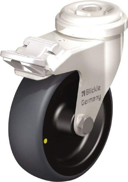 Blickle - 3" Diam x 63/64" Wide x 3-27/32" OAH Hollow Kingpin Mount Swivel Caster with Brake - Thermoplastic Rubber Elastomer (TPE), 110 Lb Capacity, Plain Bore Bearing, Hollow Kingpin Stem - Eagle Tool & Supply