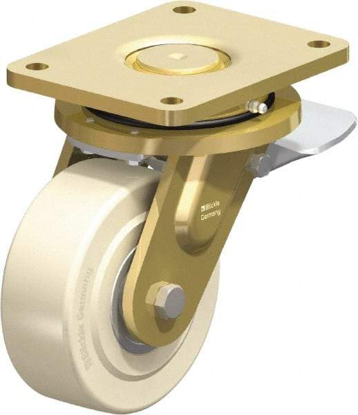 Blickle - 6" Diam x 2-5/32" Wide x 8-5/64" OAH Top Plate Mount Swivel Caster with Brake - Impact-Resistant Cast Nylon, 5,500 Lb Capacity, Ball Bearing, 6-7/8 x 5-1/2" Plate - Eagle Tool & Supply