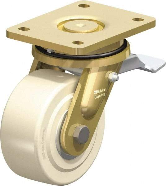 Blickle - 5" Diam x 2-5/32" Wide x 6-11/16" OAH Top Plate Mount Swivel Caster with Brake - Impact-Resistant Cast Nylon, 3,850 Lb Capacity, Ball Bearing, 5-1/2 x 4-3/8" Plate - Eagle Tool & Supply