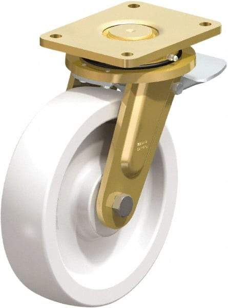 Blickle - 10" Diam x 2-9/16" Wide x 12" OAH Top Plate Mount Swivel Caster with Brake - Impact-Resistant Nylon, 4,400 Lb Capacity, Plain Bore Bearing, 6-7/8 x 5-1/2" Plate - Eagle Tool & Supply