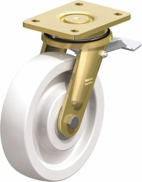 Blickle - 8" Diam x 1-31/32" Wide x 9-41/64" OAH Top Plate Mount Swivel Caster with Brake - Impact-Resistant Nylon, 3,300 Lb Capacity, Ball Bearing, 5-1/2 x 4-3/8" Plate - Eagle Tool & Supply