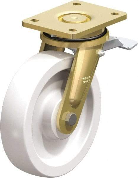 Blickle - 8" Diam x 1-31/32" Wide x 9-41/64" OAH Top Plate Mount Swivel Caster with Brake - Impact-Resistant Nylon, 3,300 Lb Capacity, Plain Bore Bearing, 5-1/2 x 4-3/8" Plate - Eagle Tool & Supply