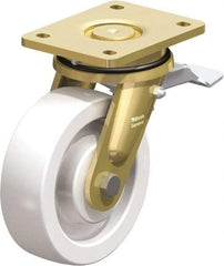 Blickle - 6-1/2" Diam x 1-31/32" Wide x 8-1/16" OAH Top Plate Mount Swivel Caster with Brake - Impact-Resistant Nylon, 1,870 Lb Capacity, Ball Bearing, 5-1/2 x 4-3/8" Plate - Eagle Tool & Supply