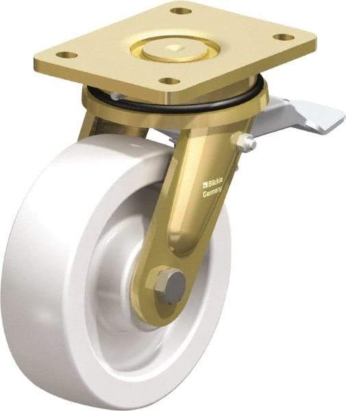 Blickle - 6-1/2" Diam x 1-31/32" Wide x 8-1/16" OAH Top Plate Mount Swivel Caster with Brake - Impact-Resistant Nylon, 1,870 Lb Capacity, Plain Bore Bearing, 5-1/2 x 4-3/8" Plate - Eagle Tool & Supply