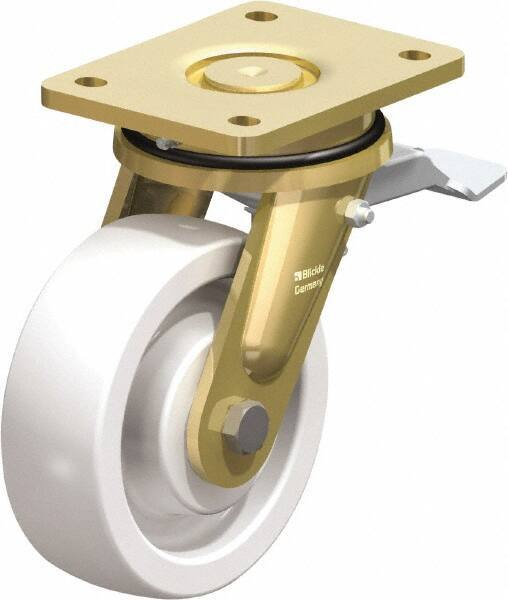 Blickle - 6" Diam x 1-31/32" Wide x 7-7/8" OAH Top Plate Mount Swivel Caster with Brake - Impact-Resistant Nylon, 1,760 Lb Capacity, Ball Bearing, 5-1/2 x 4-3/8" Plate - Eagle Tool & Supply