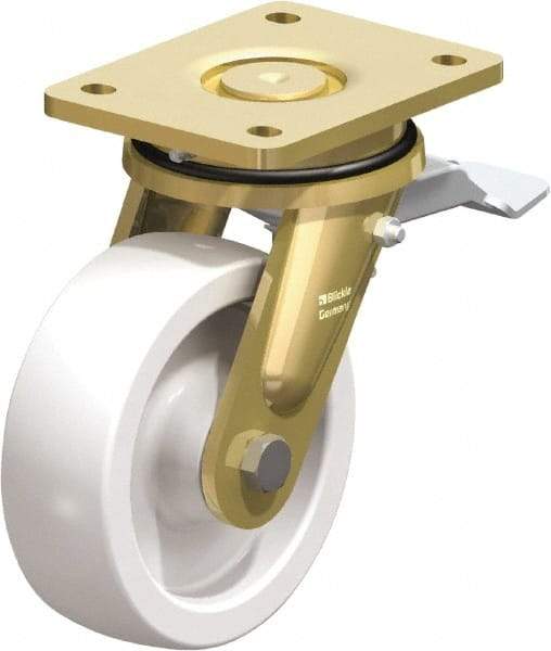 Blickle - 6" Diam x 1-31/32" Wide x 7-7/8" OAH Top Plate Mount Swivel Caster with Brake - Impact-Resistant Nylon, 1,760 Lb Capacity, Plain Bore Bearing, 5-1/2 x 4-3/8" Plate - Eagle Tool & Supply