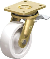 Blickle - 6" Diam x 1-31/32" Wide x 7-7/8" OAH Top Plate Mount Swivel Caster with Brake - Impact-Resistant Nylon, 1,760 Lb Capacity, Plain Bore Bearing, 5-1/2 x 4-3/8" Plate - Eagle Tool & Supply