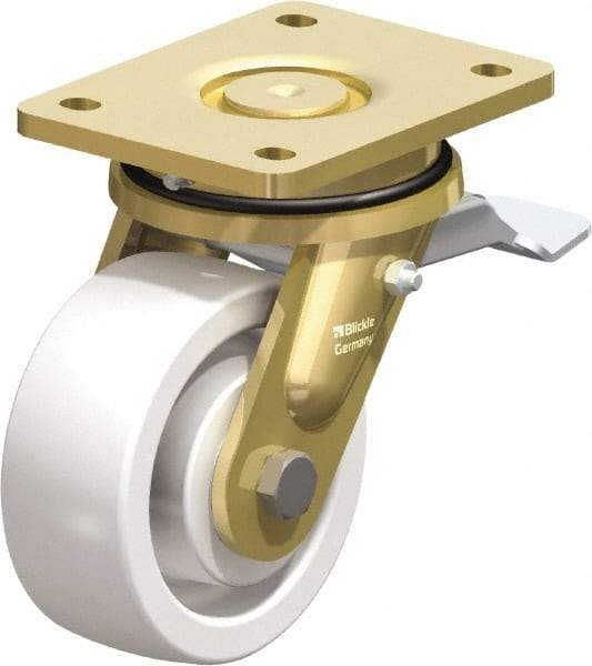 Blickle - 5" Diam x 1-31/32" Wide x 6-11/16" OAH Top Plate Mount Swivel Caster with Brake - Impact-Resistant Nylon, 1,650 Lb Capacity, Ball Bearing, 5-1/2 x 4-3/8" Plate - Eagle Tool & Supply