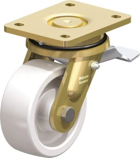 Blickle - 5" Diam x 1-31/32" Wide x 6-11/16" OAH Top Plate Mount Swivel Caster with Brake - Impact-Resistant Nylon, 1,650 Lb Capacity, Plain Bore Bearing, 5-1/2 x 4-3/8" Plate - Eagle Tool & Supply