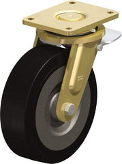 Blickle - 10" Diam x 3-9/64" Wide x 12" OAH Top Plate Mount Swivel Caster with Brake - Solid Rubber, 2,200 Lb Capacity, Ball Bearing, 6-7/8 x 5-1/2" Plate - Eagle Tool & Supply