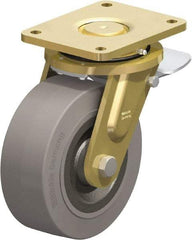 Blickle - 8" Diam x 3-9/64" Wide x 10-1/32" OAH Top Plate Mount Swivel Caster with Brake - Solid Rubber, 1,870 Lb Capacity, Ball Bearing, 6-7/8 x 5-1/2" Plate - Eagle Tool & Supply