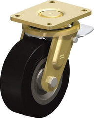 Blickle - 8" Diam x 3-9/64" Wide x 10-1/32" OAH Top Plate Mount Swivel Caster with Brake - Solid Rubber, 1,870 Lb Capacity, Ball Bearing, 6-7/8 x 5-1/2" Plate - Eagle Tool & Supply