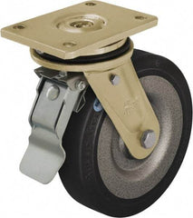 Blickle - 8" Diam x 1-31/32" Wide x 9-41/64" OAH Top Plate Mount Swivel Caster with Brake - Solid Rubber, 1,320 Lb Capacity, Ball Bearing, 5-1/2 x 4-3/8" Plate - Eagle Tool & Supply