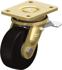 Blickle - 5" Diam x 1-31/32" Wide x 6-11/16" OAH Top Plate Mount Swivel Caster with Brake - Solid Rubber, 704 Lb Capacity, Ball Bearing, 5-1/2 x 4-3/8" Plate - Eagle Tool & Supply