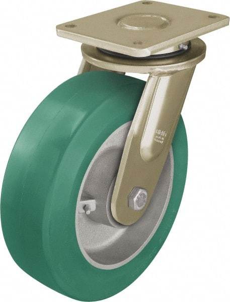 Blickle - 12" Diam x 3-9/64" Wide x 13-31/32" OAH Top Plate Mount Swivel Caster - Polyurethane-Elastomer Blickle Softhane, 3,960 Lb Capacity, Ball Bearing, 6-7/8 x 5-1/2" Plate - Eagle Tool & Supply