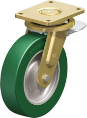 Blickle - 10" Diam x 2-23/64" Wide x 12" OAH Top Plate Mount Swivel Caster with Brake - Polyurethane-Elastomer Blickle Softhane, 2,640 Lb Capacity, Ball Bearing, 6-7/8 x 5-1/2" Plate - Eagle Tool & Supply
