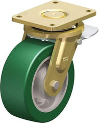 Blickle - 8" Diam x 3-9/64" Wide x 10-1/32" OAH Top Plate Mount Swivel Caster with Brake - Polyurethane-Elastomer Blickle Softhane, 2,640 Lb Capacity, Ball Bearing, 6-7/8 x 5-1/2" Plate - Eagle Tool & Supply
