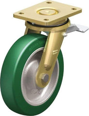 Blickle - 8" Diam x 1-31/32" Wide x 9-41/64" OAH Top Plate Mount Swivel Caster with Brake - Polyurethane-Elastomer Blickle Softhane, 1,760 Lb Capacity, Ball Bearing, 5-1/2 x 4-3/8" Plate - Eagle Tool & Supply