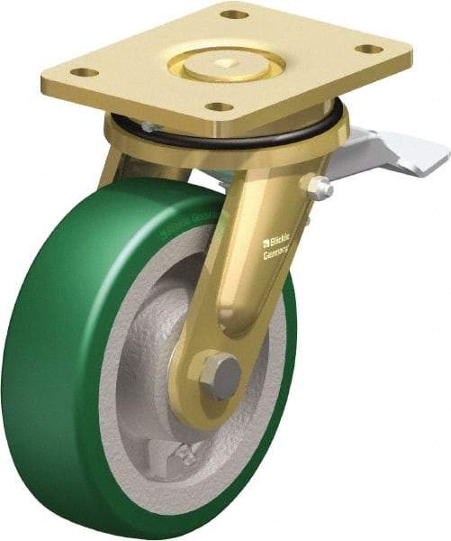 Blickle - 6-1/2" Diam x 1-31/32" Wide x 8-5/64" OAH Top Plate Mount Swivel Caster with Brake - Polyurethane-Elastomer Blickle Softhane, 1,320 Lb Capacity, Ball Bearing, 5-1/2 x 4-3/8" Plate - Eagle Tool & Supply