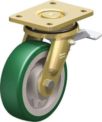 Blickle - 6-1/2" Diam x 1-31/32" Wide x 8-5/64" OAH Top Plate Mount Swivel Caster with Brake - Polyurethane-Elastomer Blickle Softhane, 1,320 Lb Capacity, Ball Bearing, 5-1/2 x 4-3/8" Plate - Eagle Tool & Supply