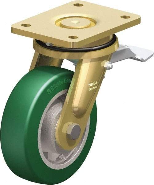 Blickle - 6" Diam x 1-31/32" Wide x 7-7/8" OAH Top Plate Mount Swivel Caster with Brake - Polyurethane-Elastomer Blickle Softhane, 1,210 Lb Capacity, Ball Bearing, 5-1/2 x 4-3/8" Plate - Eagle Tool & Supply
