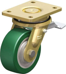 Blickle - 5" Diam x 1-31/32" Wide x 6-11/16" OAH Top Plate Mount Swivel Caster with Brake - Polyurethane-Elastomer Blickle Softhane, 990 Lb Capacity, Ball Bearing, 5-1/2 x 4-3/8" Plate - Eagle Tool & Supply