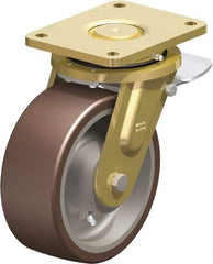 Blickle - 8" Diam x 3-9/64" Wide x 10-1/32" OAH Top Plate Mount Swivel Caster with Brake - Polyurethane-Elastomer Blickle Besthane, 3,520 Lb Capacity, Ball Bearing, 6-7/8 x 5-1/2" Plate - Eagle Tool & Supply