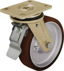 Blickle - 10" Diam x 2-23/64" Wide x 12" OAH Top Plate Mount Swivel Caster with Brake - Polyurethane-Elastomer Blickle Besthane, 3,300 Lb Capacity, Ball Bearing, 6-7/8 x 5-1/2" Plate - Eagle Tool & Supply