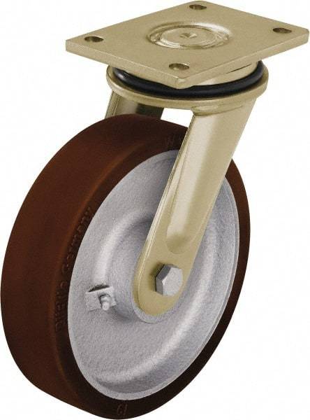 Blickle - 6-1/2" Diam x 1-31/32" Wide x 8-5/64" OAH Top Plate Mount Swivel Caster - Polyurethane-Elastomer Blickle Besthane, 1,760 Lb Capacity, Ball Bearing, 5-1/2 x 4-3/8" Plate - Eagle Tool & Supply