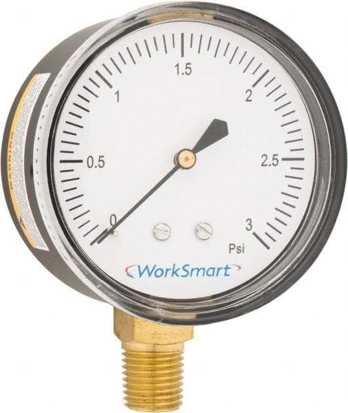 Value Collection - 2-1/2" Dial, 1/4 Thread, 0-3 Scale Range, Pressure Gauge - Lower Connection Mount, Accurate to 1.5% of Scale - Eagle Tool & Supply