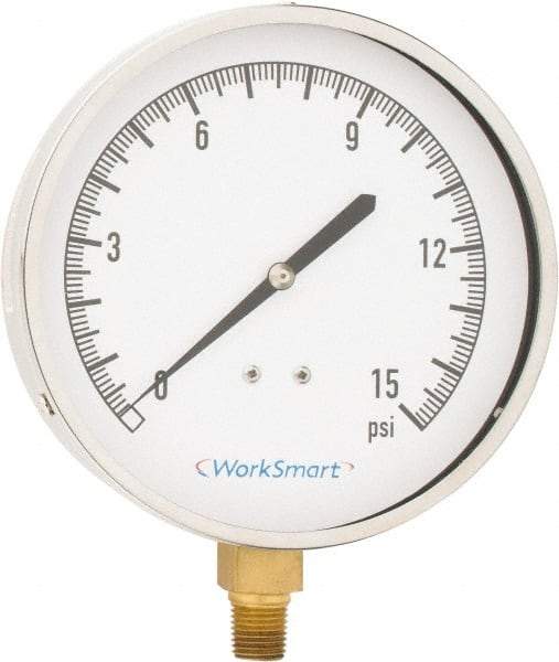 Value Collection - 4-1/2" Dial, 1/4 Thread, 0-15 Scale Range, Pressure Gauge - Lower Connection Mount, Accurate to 0.01% of Scale - Eagle Tool & Supply