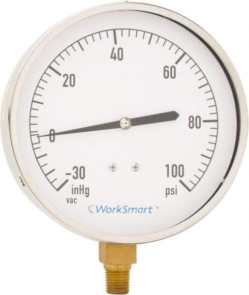 Value Collection - 4-1/2" Dial, 1/4 Thread, 30-0-100 Scale Range, Pressure Gauge - Lower Connection Mount, Accurate to 0.01% of Scale - Eagle Tool & Supply