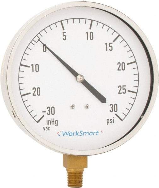 Value Collection - 4-1/2" Dial, 1/4 Thread, 30-0-30 Scale Range, Pressure Gauge - Lower Connection Mount, Accurate to 0.01% of Scale - Eagle Tool & Supply