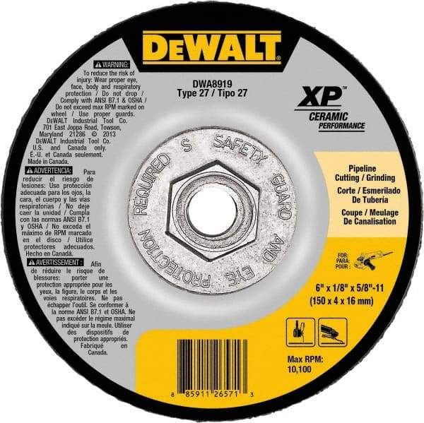 DeWALT - 24 Grit, 6" Wheel Diam, Type 27 Depressed Center Wheel - Coarse/Medium Grade, Ceramic, N Hardness, 10,100 Max RPM - Eagle Tool & Supply