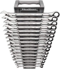 GearWrench - 16 Piece, 8mm to 24mm, 12 Point Combination Wrench Set - Metric Measurement Standard, Full Polish Chrome Finish - Eagle Tool & Supply