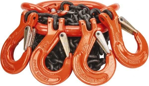 Pewag - 5' Long, 9,100 Lb Basket Capacity, 9,100 Lb Vertical Capacity, Alloy Steel Web Sling - QOS Chain Sling, 9/32" Diam Chain, Silver (Color), with 4 Sling Hooks & Master Link - Eagle Tool & Supply