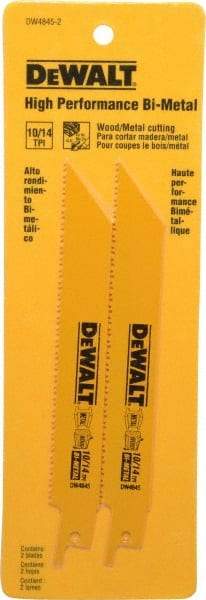 DeWALT - 6" Long x 3/4" Thick, Bi-Metal Reciprocating Saw Blade - Straight Profile, 10 to 14 TPI, Toothed Edge, Universal Shank - Eagle Tool & Supply