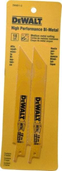 DeWALT - 6" Long x 3/4" Thick, Bi-Metal Reciprocating Saw Blade - Straight Profile, 18 TPI, Toothed Edge, Universal Shank - Eagle Tool & Supply