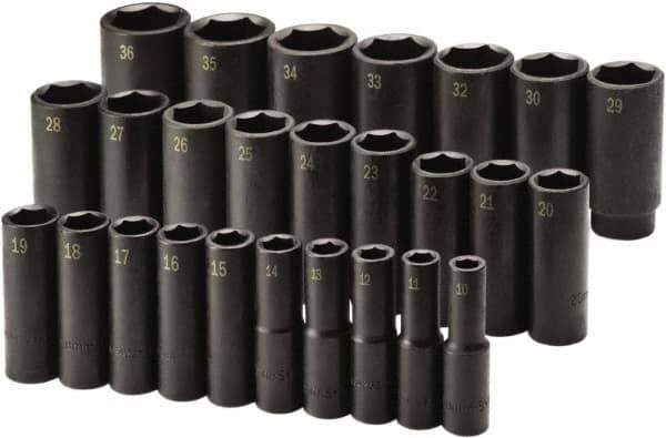SK - 26 Piece 1/2" Drive Deep Impact Socket Set - 6 Points, 10 to 36mm, Metric Measurement Standard - Eagle Tool & Supply