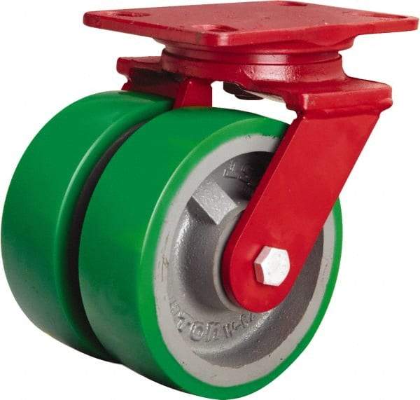 Hamilton - 6" Diam x 2" Wide x 7-3/4" OAH Top Plate Mount Swivel Caster - Polyurethane Mold onto Cast Iron Center, 2,400 Lb Capacity, Tapered Roller Bearing, 4-1/2 x 6-1/2" Plate - Eagle Tool & Supply