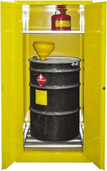 Securall Cabinets - 31" Wide x 31" Deep x 65" High, 18 Gauge Steel Vertical Drum Cabinet with 3 Point Key Lock - Yellow, Manual Closing Door, 1 Shelf, 1 Drum, Drum Rollers Included - Eagle Tool & Supply