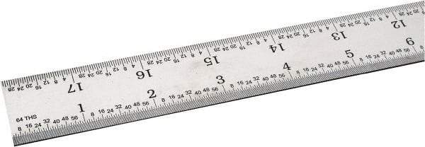 SPI - 18" Long, 1/100, 1/64, 1/32, 1/10" Graduation, Rigid Steel Rule - 5R Graduation Style, 1-1/8" Wide, Silver, Satin Chrome Finish - Eagle Tool & Supply