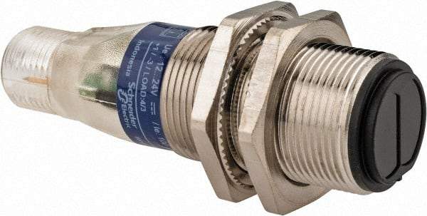 Telemecanique Sensors - 4 Pin M12 Connector, 4 Nominal Distance, Shock and Vibration Resistant, Retroreflective Photoelectric Sensor - 12 to 24 VDC, 500 Hz, Nickel Plated Brass, 2.36 Inch Long x 0.71 Inch Wide - Eagle Tool & Supply