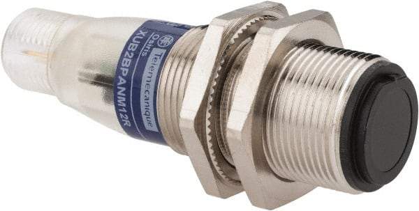 Telemecanique Sensors - 4 Pin M12 Connector, 15m Nominal Distance, Shock and Vibration Resistant, Through Beam Photoelectric Sensor - 12 to 24 VDC, 500 Hz, Nickel Plated Brass, 2.36 Inch Long x 0.71 Inch Wide - Eagle Tool & Supply