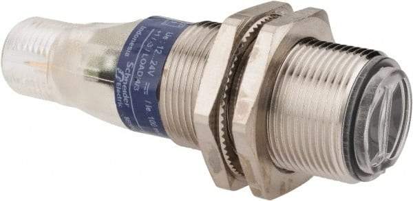 Telemecanique Sensors - 4 Pin M12 Connector, 0.1m Nominal Distance, Shock and Vibration Resistant, Diffused Photoelectric Sensor - 12 to 24 VDC, 500 Hz, Nickel Plated Brass, 2.36 Inch Long x 0.71 Inch Wide - Eagle Tool & Supply